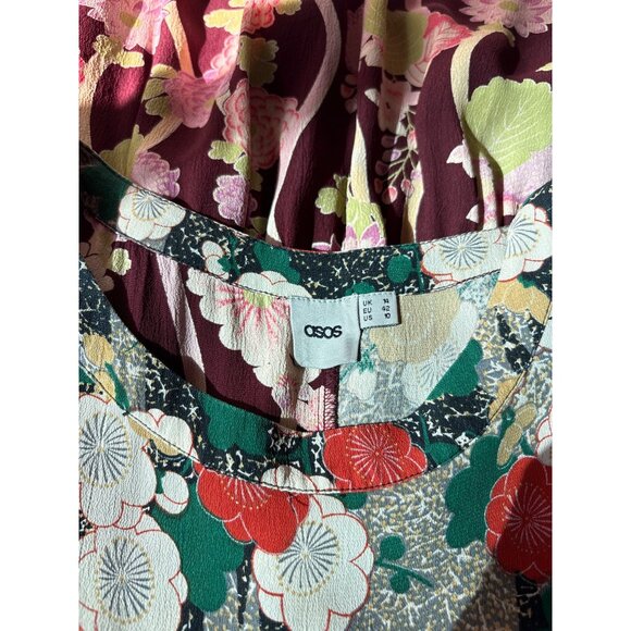 ASOS Womens Floral Patchwork Dress Short Sleeves Relaxed Fit Viscose Burgundy & - Picture 5 of 7